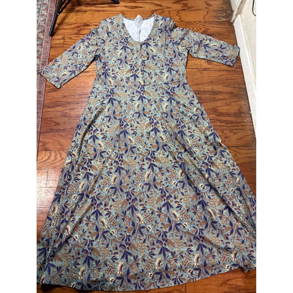 Peruvian Connection Blue Floral Pima Cotton V-Neck Maxi Dress Womens Large L